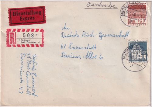 BRD - 1 + 1,10 DM Bauwerke II Eilboten-Einschreibebrief Stuttgart Darmstadt 1969