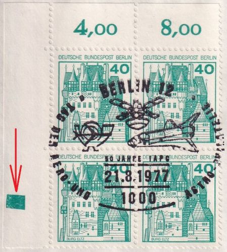 Berlin - 40 Pfg. B&S 4er-Block Bogenecke/Farbbalken u.a. Einschreibebrief 1977