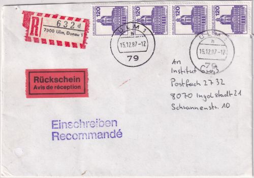 BRD - 4x120 Pfg. SWK Einschreibebrief-Rückschein/2.Gew.stufe Ulm Ingolstadt 1987