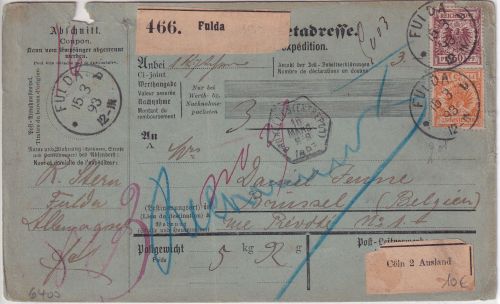 DR - 50+25+5 Pfg. K/A Paketkarte n. BELGIEN Fulda - Brüssel 1893