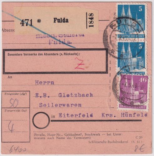 Bizone - 40+2x5 Pfg. Bauten Paketkarte Fulda - Eiterfeld 1948