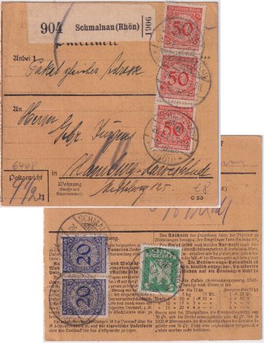 DR - 3x50 Pfg. Korbdeckel u.a. Paketkarte Schmalnau (Rhön) - Hamburg 1924