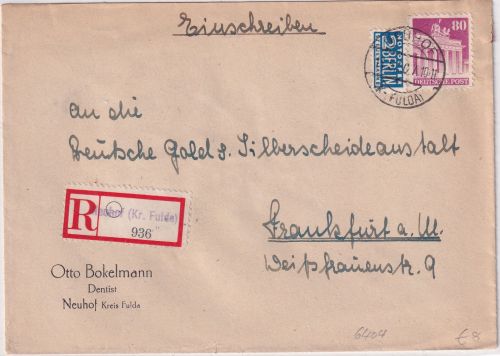 Bizone - 80 Pfg. Bauten Einschreibebrief Neuhof (Kr. Fulda) - Frankfurt a/M 1950