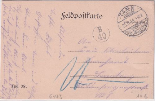 DR - Tann (Rhöngebirge) 1914 Feldpostkarte n. Bamberg - Nachporto
