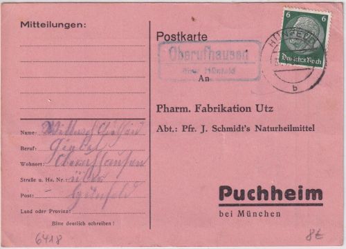 DR - Oberufhausen ü. Hünfeld Landpost-Ra2 Karte n. Puchheim 1939