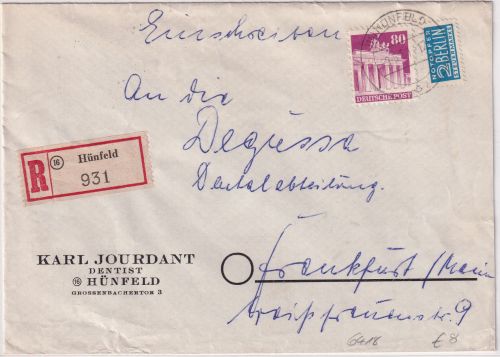 Bizone - 80 Pfg. Bauten Einschreibebrief Hünfeld - Frankfurt a/M 1951