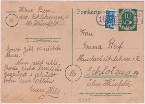 BRD - (16) Schletzenrod ü. Hünfeld Landpost-Ra2 10 Pfg. Ganzsache 1953