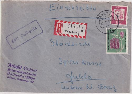 BRD - 6411 Dalherda Poststelle I Ra1 Einschreibebrief Fuldalnad - Fulda 1963