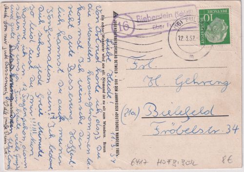 BRD - (16) Bieberstein (Schloss) ü. Fulda Landpost-Ra2 Karte n. Bielefeld 1957