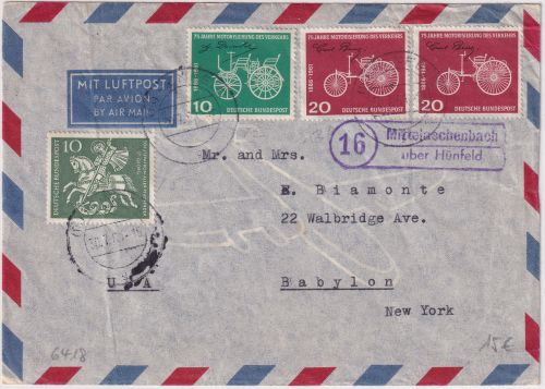 BRD - (16) Mittelaschenbach ü. Hünfeld Landpost-Ra2 Luftpostbrief n. USA 1961