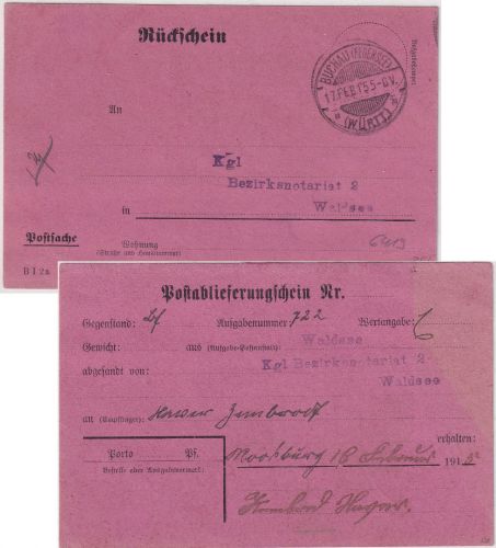 Württemberg - Buchau (Federsee) 1915 Rückschein n. Waldsee