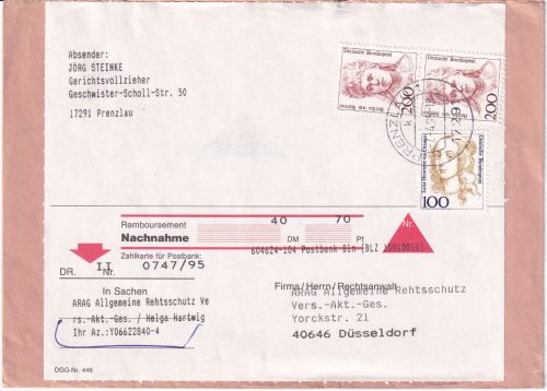 BRD - 2x200+100 Pfg Frauen Nachnahmebrief (2.Gew.stufe) Prenzlau Düsseldorf 1995