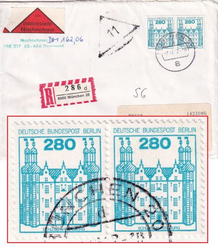 Berlin - 280 Pfg. B&S waagr. Paar Nachnahme-Einschreibebrief München Berlin 1987