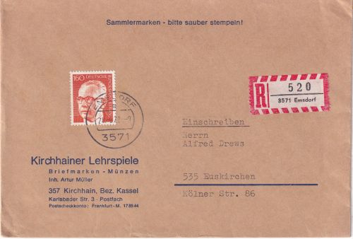 Berlin - 160 Pfg. Heinemann Einschreibebrief 3. Gew.stufe Emsdorf 29.6.72