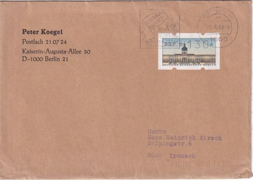 Berlin - 130 Pfg. ATM Brief (2. Gew.stufe) Berlin 11 - Kronach 1988
