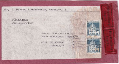 BRD - 2x1 DM Bauwerke Eilboten-Päckchen-Vds. München - Planegg 1969