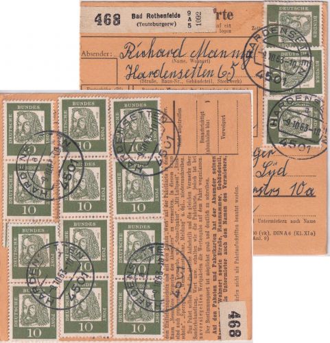 BRD - 15x10 Pfg. Bed. Deutsche Paketkarte Bad Rothenfelde - Lauchhammer 1963