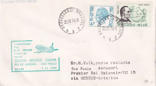 Belgien - Swissair Firstflight Genf - Sao Paulo 1974 Zuleitungspost