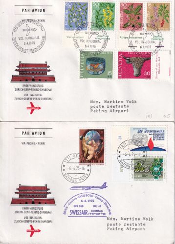 Schweiz/China - Swissair Firstflight Zürich Peking + Zuleitung UNO Genf 1975