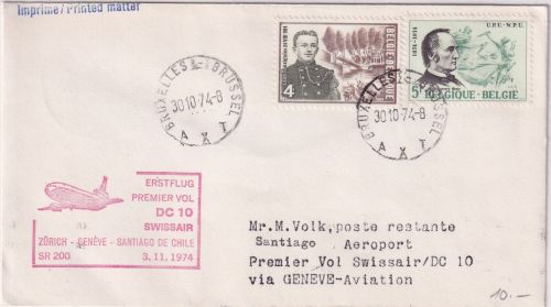 Belgien - Swissair Firstflight Genf - Santiago de Chile 1974 Zuleitungspost