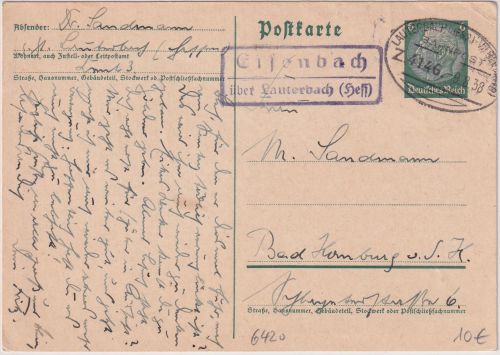 DR - Eisenbach ü. Lauterbach Landpost-Ra2 Bahnpost Lauterbach Vilbel Z.4146 1938
