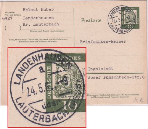 BRD - Landenhausen ü. Lauterbach Poststelle I Ganzsache n. Ingolstadt 1962