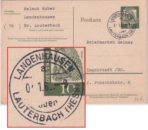 BRD - Landenhausen ü. Lauterbach Poststelle I Ganzsache n. Ingolstadt 1961