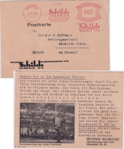 DR - Hersfeld 1929 3 Pfg. AFS Schilde Thermon illustr. Firmendrucksache