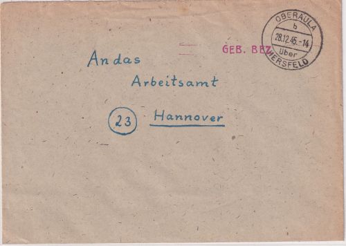All.Bes. - Oberaula ü. Hersfeld Poststelle I SKS-L1 "Geb.bez." Brief 28.12.45