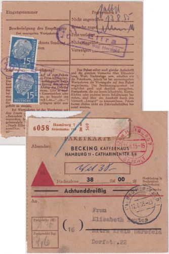 BRD - 2x15 Pfg. Heuss I Aushändigungsgebühr NN-Paketkarte Hamburg 1955