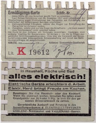 Rheinl.-Pfalz - Koblenz Straßenbahn-Gesellschaft Mehrfahrtenkarte 20er Jahre