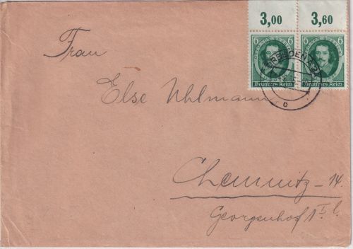 DR - 6 Pfg. Guericke Paar/Oberrand Brief Dresden - Chemnitz 1936