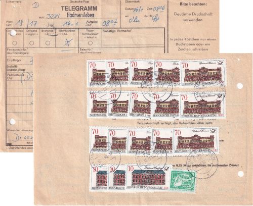 DDR - 15x70 Pfg. Hist. Postgebäude u.a. Telegramm Hadmersleben - Graal 1990