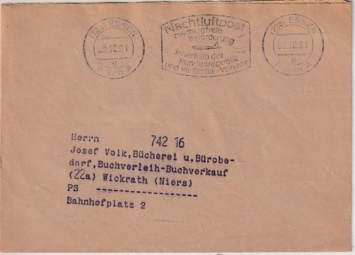 BRD - Essen 1961 Masch.werbestpl. Nachluftpost Postschekcbrief n. Wickrath