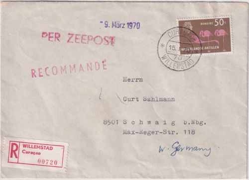 Niederl. Antillen - 50 C. Freimarke Einschreibebrief Willemstad - Schwaig 1970