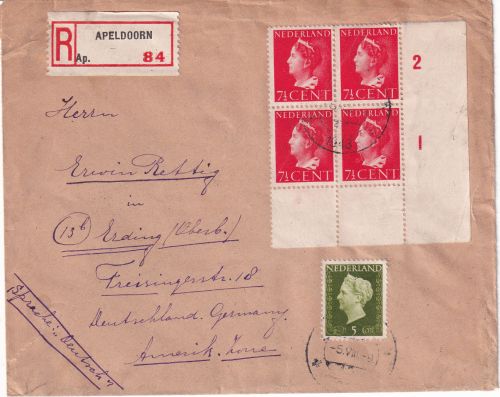 Niederlande - 7 1/2 C. Wilhelmina 4er-Block u.a. Einschreibebrief Apeldoorn 1948