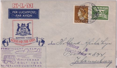 Niederlande - KLM Erstflug Amsterdam Johannesburg 1946 Luftpostbrief