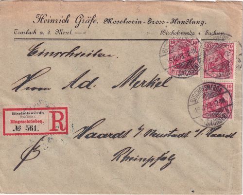 DR - 3x10 Pfg. Germania/o.Wz. Einschreibebrief Bischofswerda - Haardt 1903