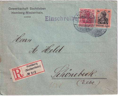 DR - 30+10 Pfg Germania Einschreibebrief Homberg (Niederrhein) - Schönebeck 1909