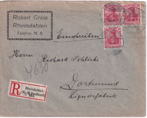 DR - 3x10 Pfg. Germania Einschreibebrief Rheindahlen - Dortmund 1916