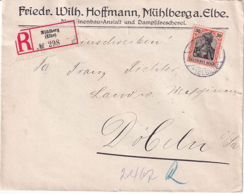 DR - 30 Pfg. Germania Einschreibebrief Mühlberg (Elbe) - Döbeln 1916
