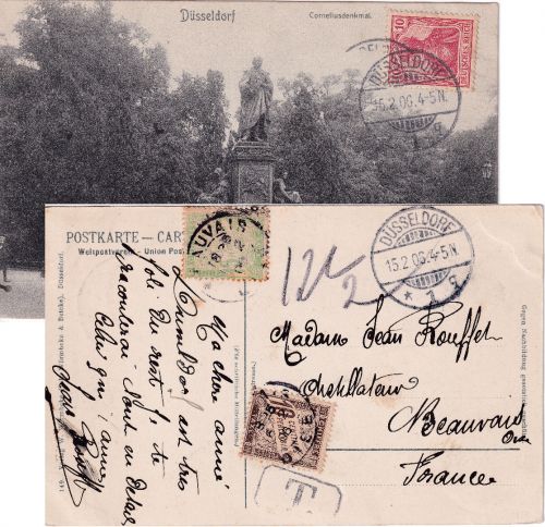 DR/Frankreich - 5+10 C. Portomarken Karte Düsseldorf - Beauvais 1906