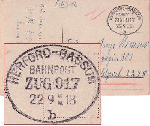 DR - Bahnpost Herford Bassum Zug 917 Feldpostkarte a. FpNr. 2248 1918