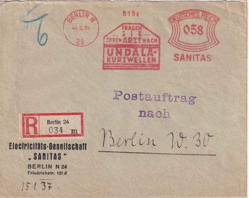 DR - Berlin N24 1934 58 Pfg. AFS "Undala Kurzwellen Sanitas" R-Brief/Postauftrag