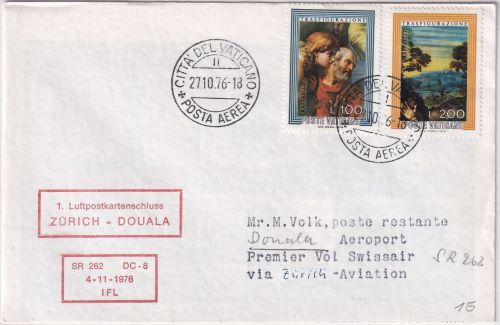 Vatikan - Swissair Firstflight Zürich Douala 1976 Zuleitungspost
