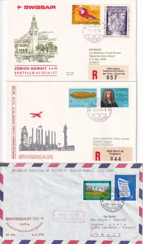 Schweiz - Swissair Firstflight Zürich Kuwait 1976 + 2x Zuleitungspost