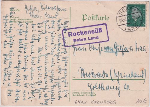 DR - Rockensüß Bebra Land Landpost-Ra2 Karte n. Sterkrade 1930