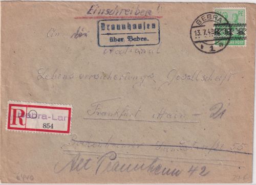 Bizone - 84 Pfg. Arbeiter/Band Einschreibebrief Brunnhausen ü. Bebra 13.7.48