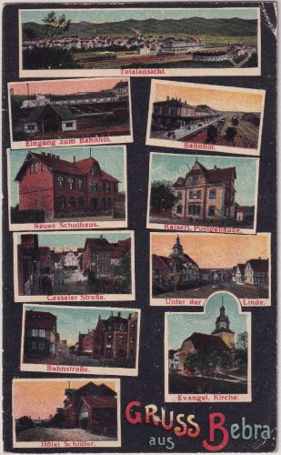 Hessen - Bebra Bahnhof Post etc. farb. Mehrbild-AK gelaufen 1924