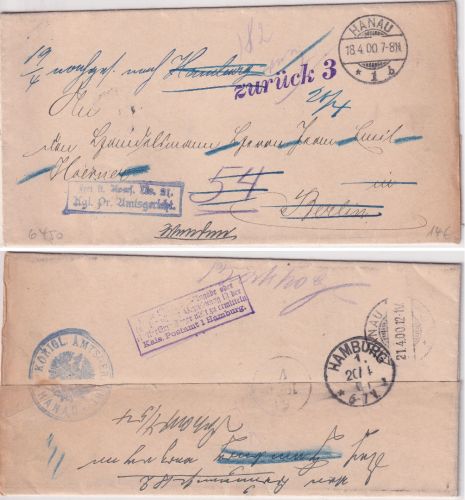 DR - Hanau 1900 Dienstbrief/Frei d. Ablösung n. Berlin - Weiterleitung Hamburg